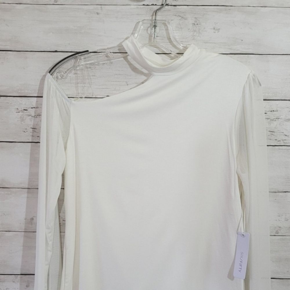 Women’s Small One Shoulder Fitted Top Sexy Sheer Chiffon Sleeve Blouse NWT - Picture 6 of 14